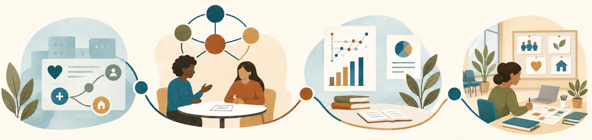 Four connected scenes depict coordinated health systems, community coalitions, university research teams, and nonprofit program implementation.