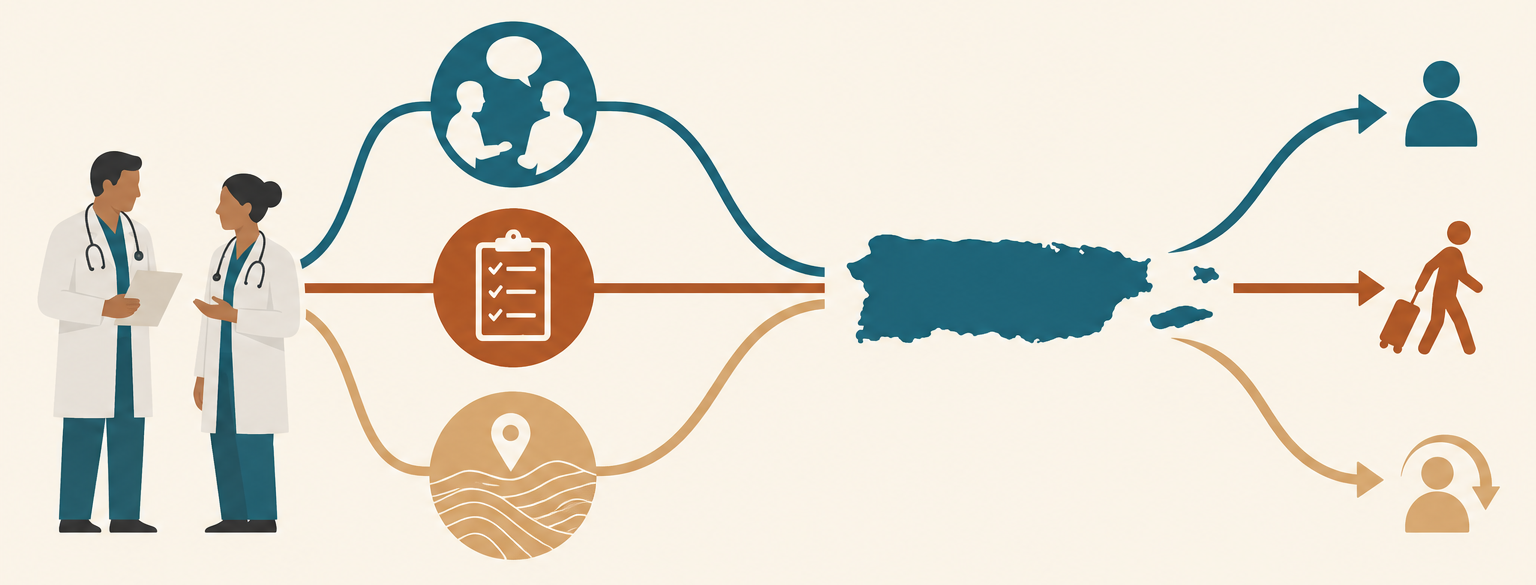 Survey, spatial analysis, interviews, and ethnographic fieldwork are integrated to understand physician migration and inform retention recommendations in Puerto Rico.